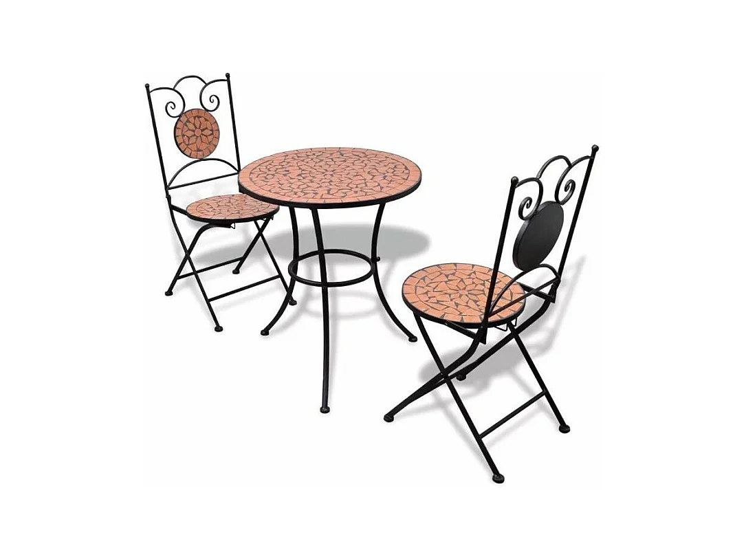 Table ronde et 2 chaises de jardin mosaïquées noir et marron Mel