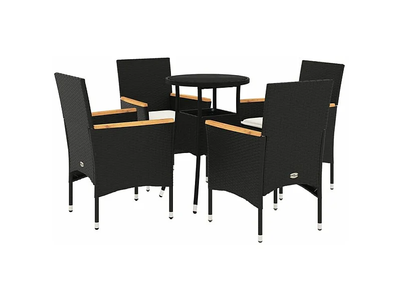 Ensemble à manger de jardin et coussins 5 pcs noir rotin verre