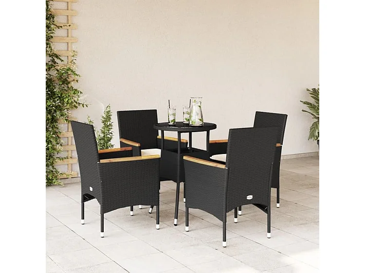 Ensemble à manger de jardin et coussins 5 pcs noir rotin verre