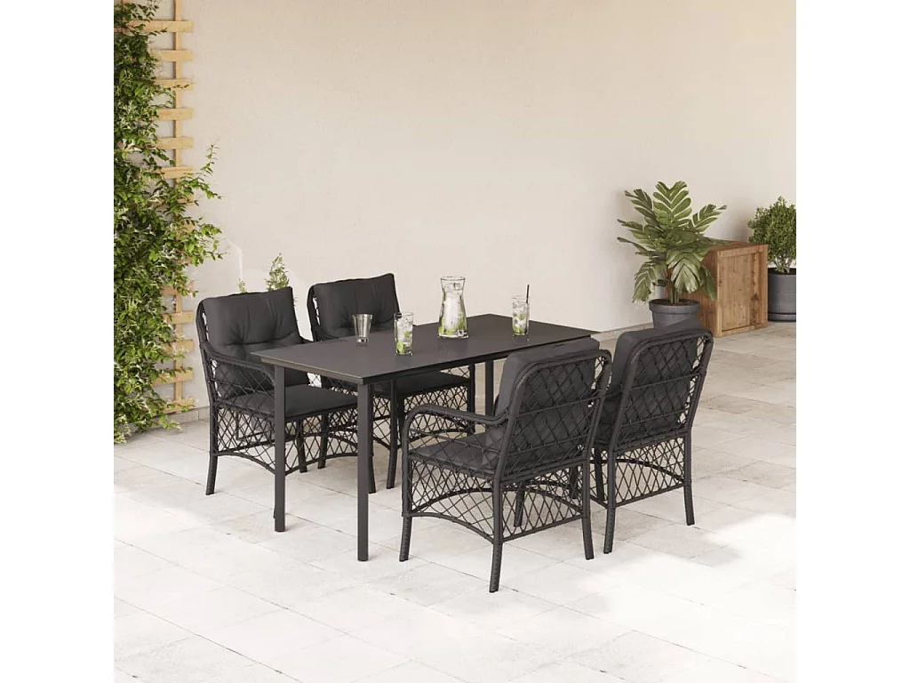 Ensemble à manger de jardin coussins 5pcs Noir Résine tressée