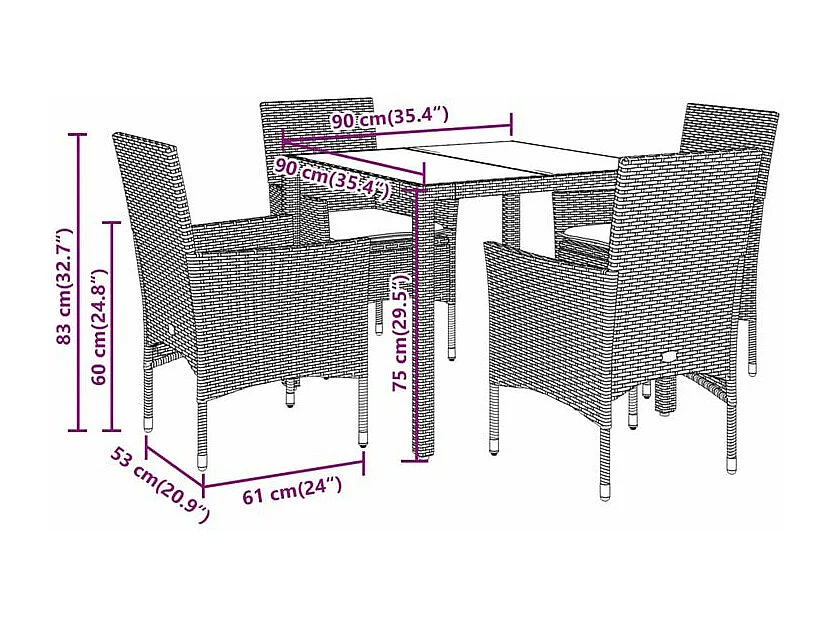Ensemble à manger de jardin et coussins 5pcs marron rotin verre
