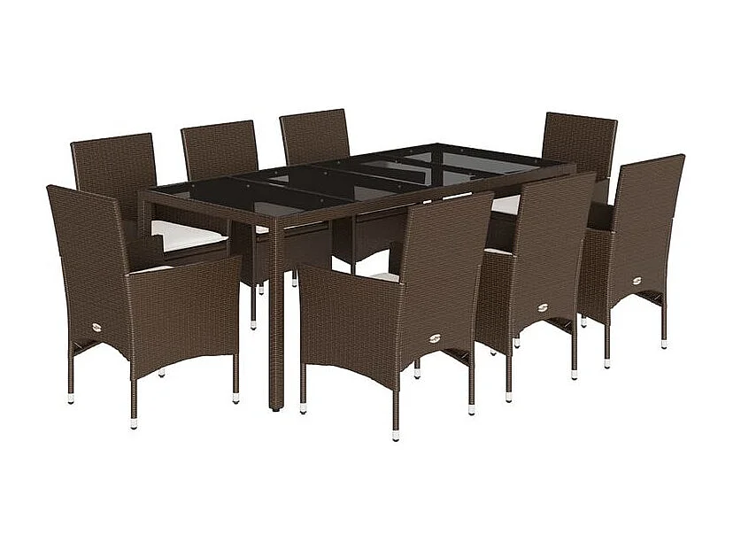 Ensemble à manger de jardin et coussins 9pcs marron rotin verre