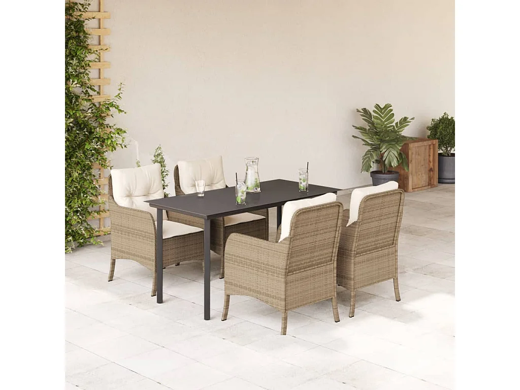 Ensemble à manger de jardin avec coussins 5pcs Beige poly rotin