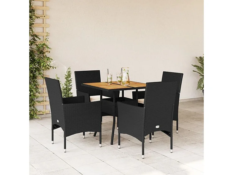 Ensemble à manger de jardin et coussins 5 pcs noir rotin acacia