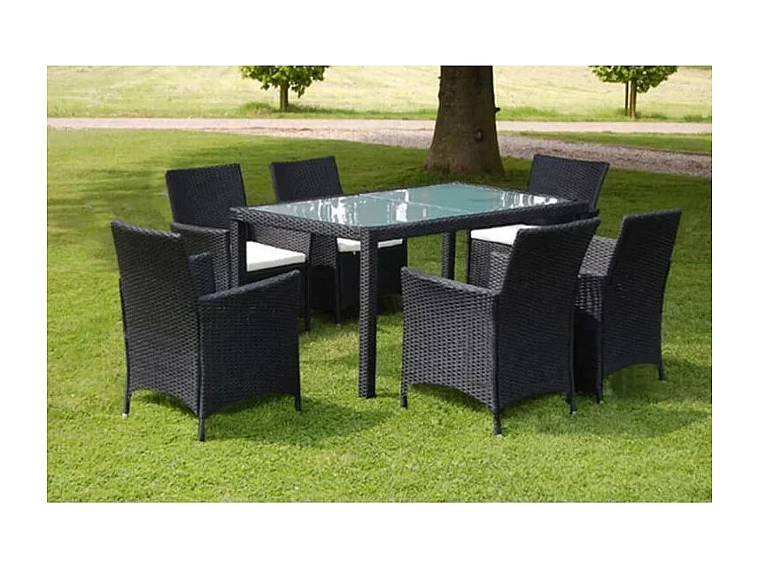 Table rectangulaire et 6 chaises de jardin résine tressée noir Mik