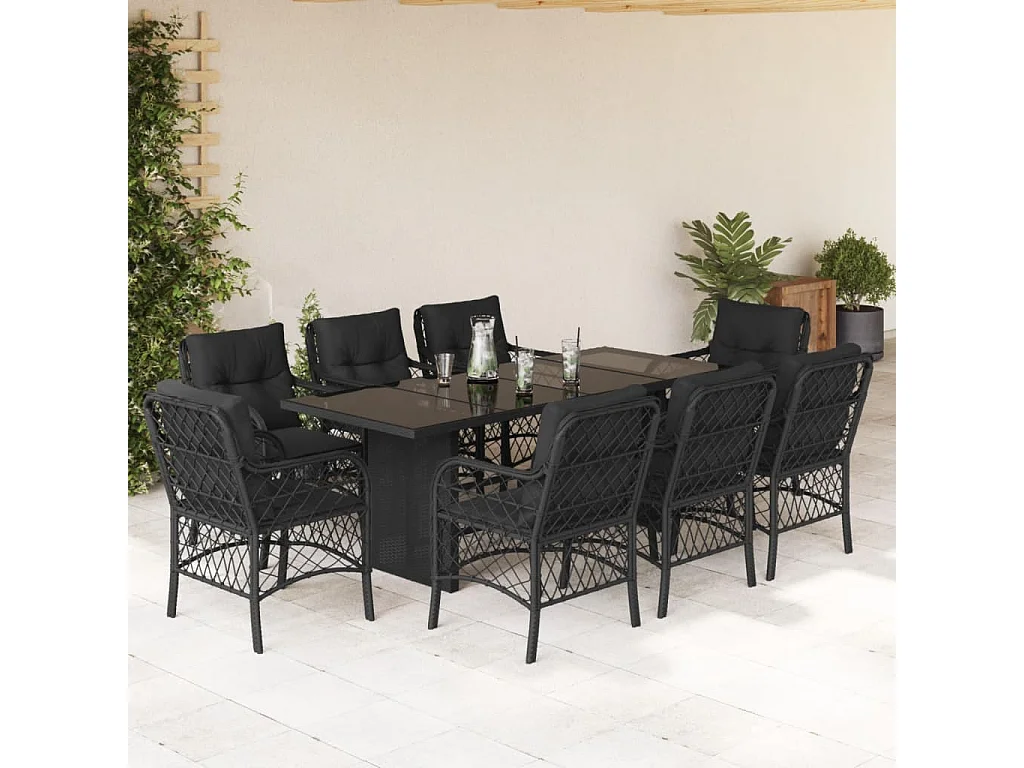 Ensemble à manger de jardin 9pcs coussins noir résine tressée
