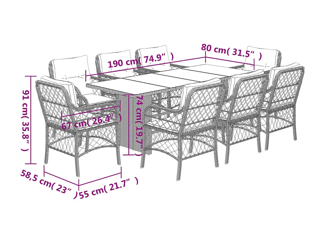 Ensemble à manger de jardin 9pcs coussins noir résine tressée