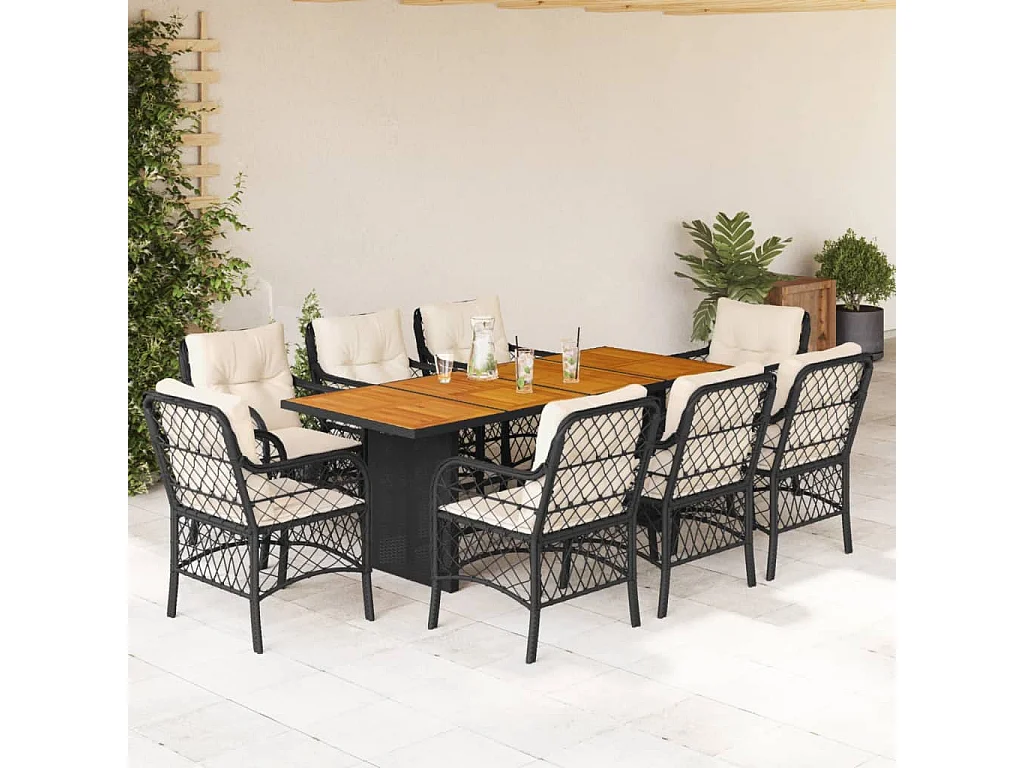Ensemble à manger de jardin 9pcs coussins noir résine tressée