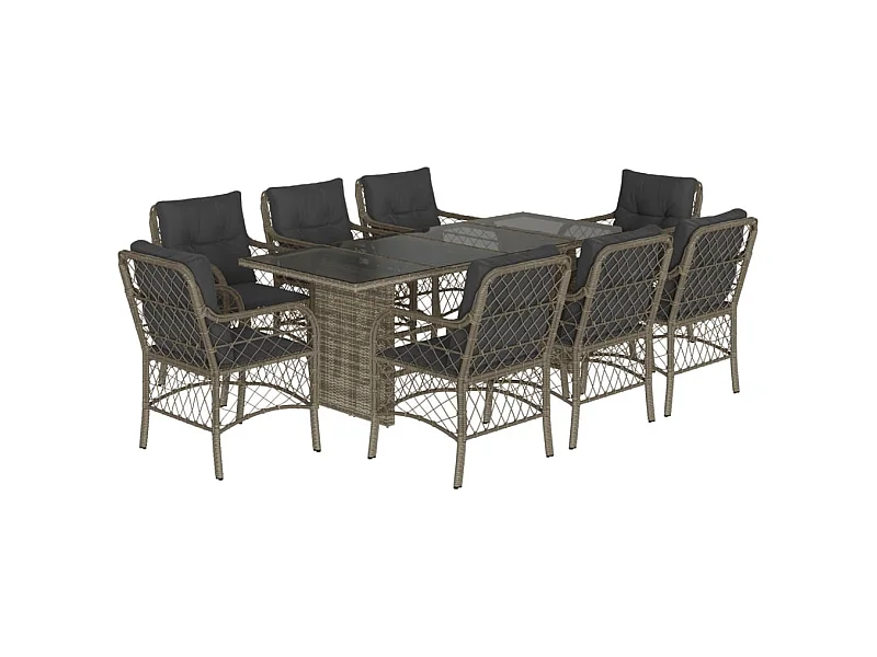 Ensemble à manger de jardin 9 pcs coussins gris résine tressée