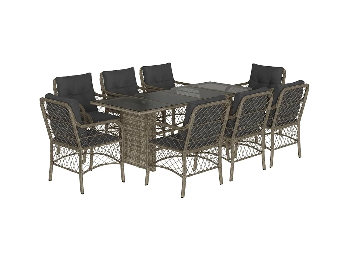 Ensemble à manger de jardin 9 pcs coussins gris résine tressée