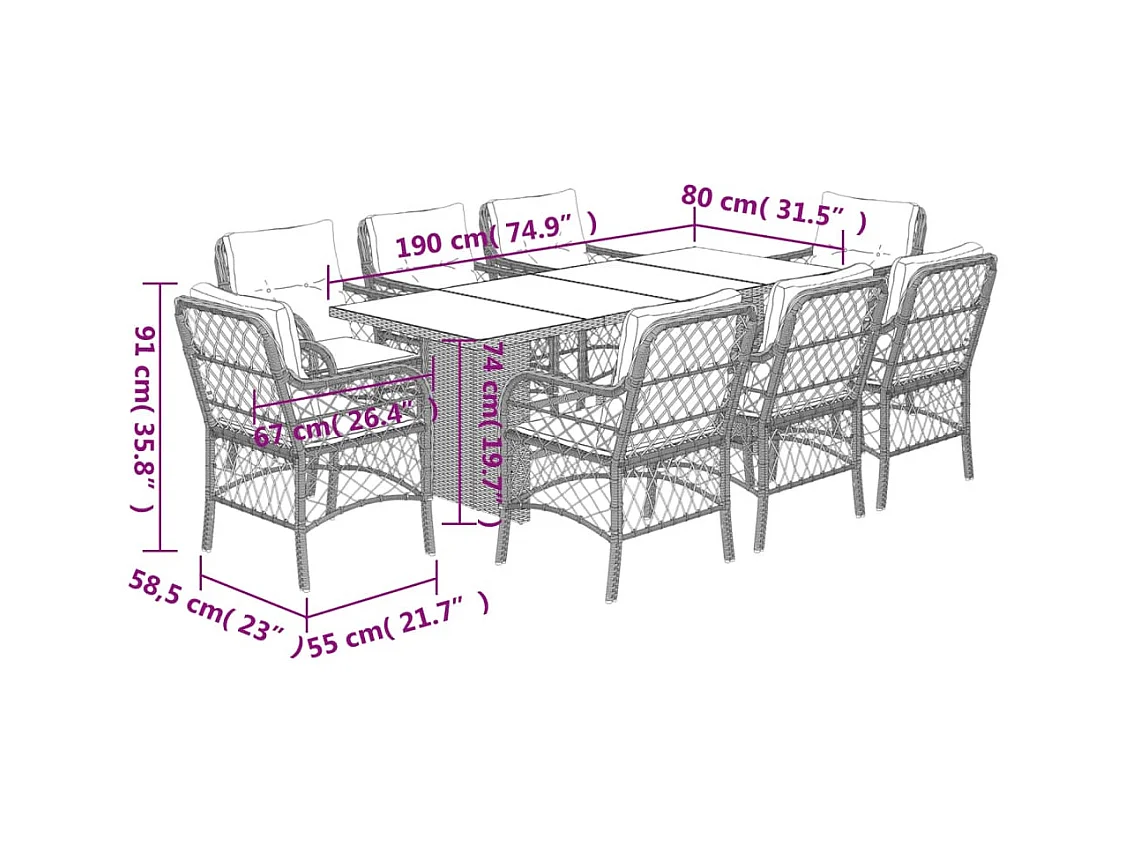Ensemble à manger de jardin 9 pcs coussins gris résine tressée
