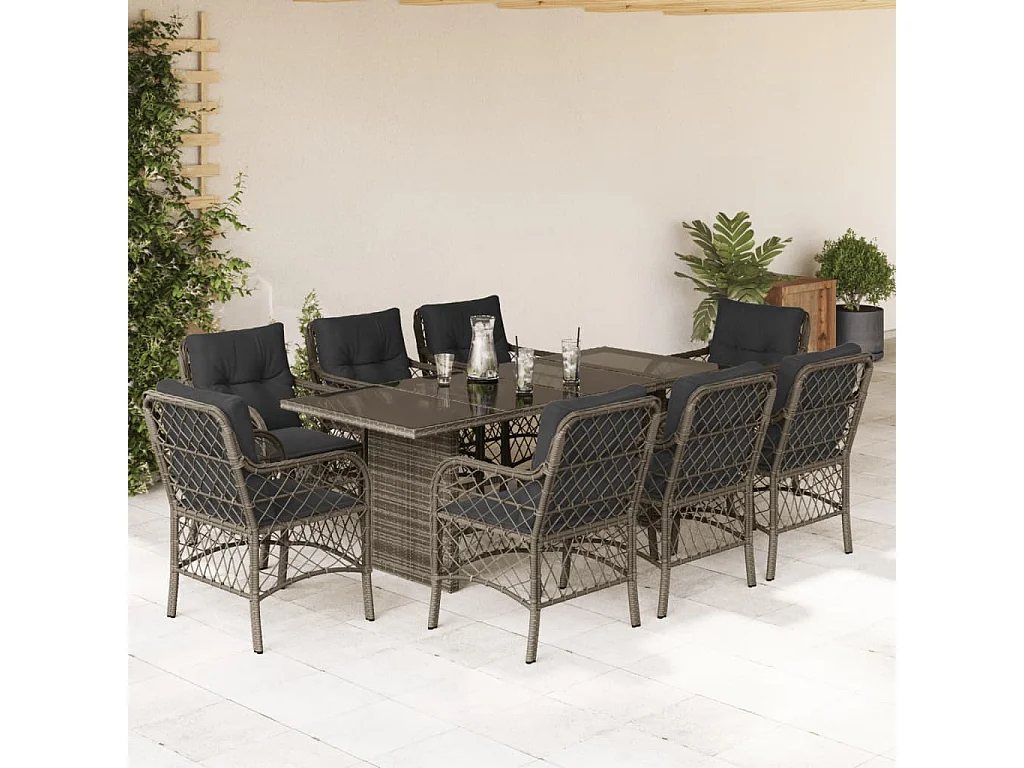 Ensemble à manger de jardin 9 pcs coussins gris résine tressée