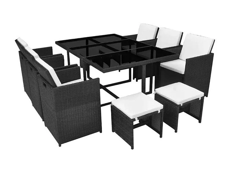 Table rectangulaire et 6 chaises de jardin résine tressée noir Iris