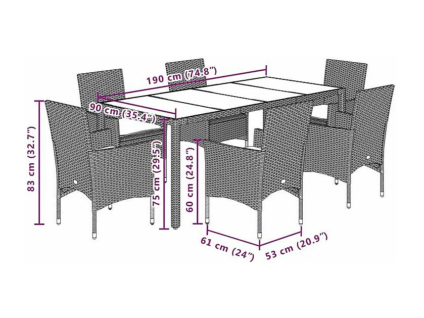 Ensemble à manger de jardin et coussins 7 pcs noir rotin acacia