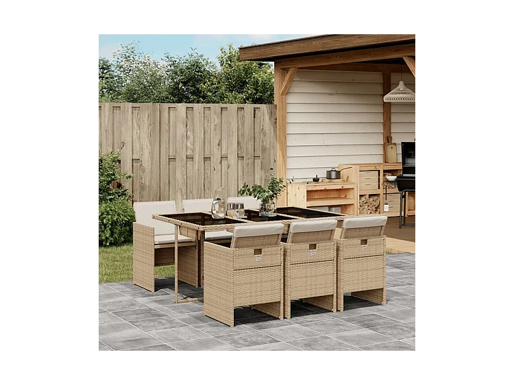 Ensemble à manger de jardin et coussins 7 pcs beige poly rotin