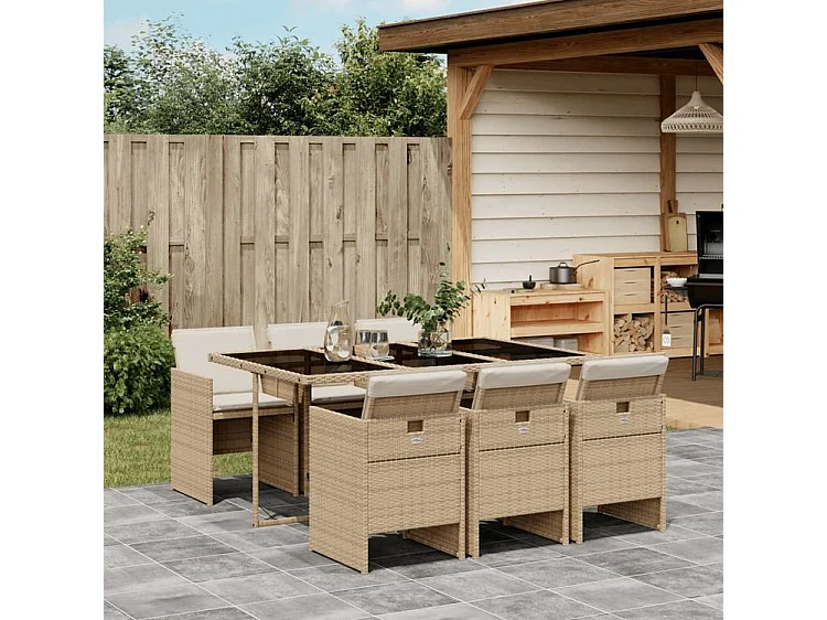 Ensemble à manger de jardin et coussins 7 pcs beige poly rotin
