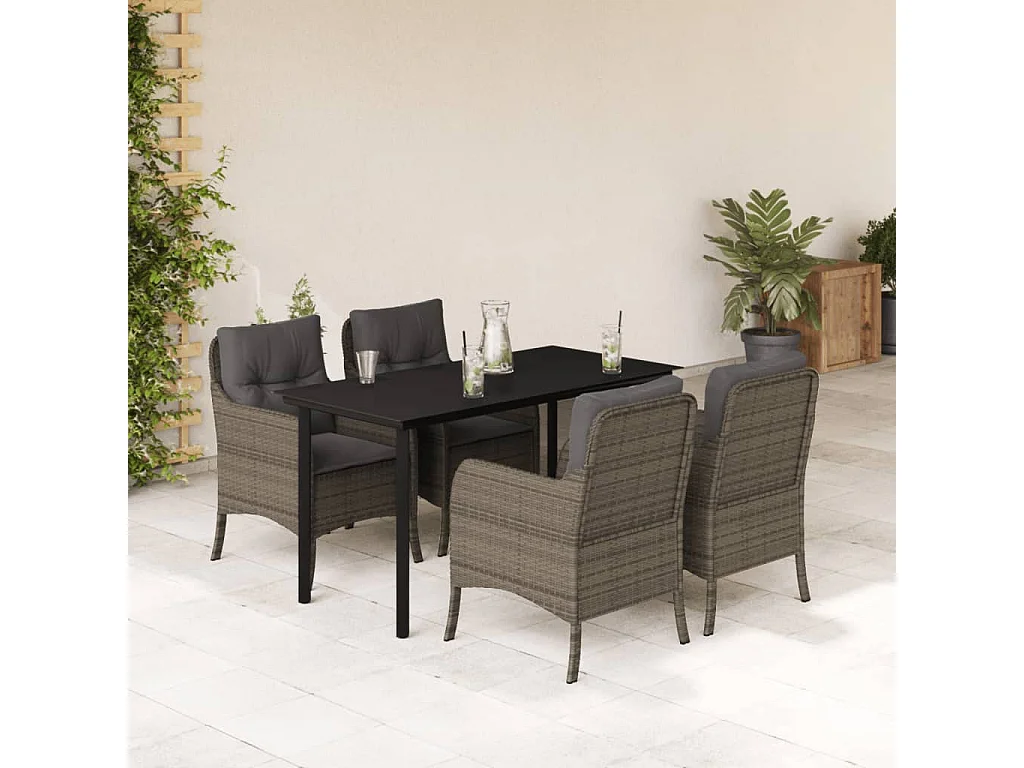 Ensemble à manger de jardin 5 pcs coussins gris résine tressée