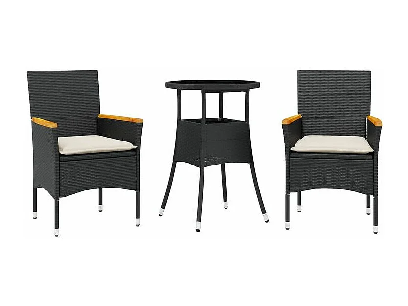 Ensemble à manger de jardin et coussins 3 pcs noir rotin verre