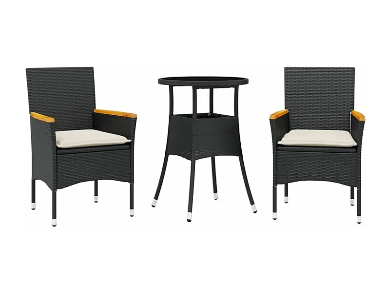 Ensemble à manger de jardin et coussins 3 pcs noir rotin verre