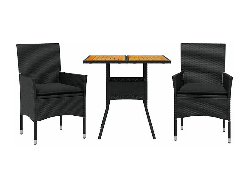 Ensemble à manger de jardin et coussins 3 pcs noir rotin acacia