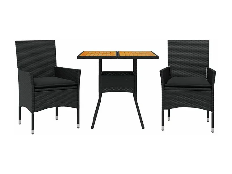 Ensemble à manger de jardin et coussins 3 pcs noir rotin acacia