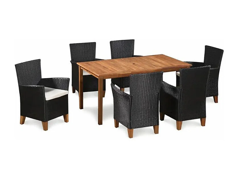 Table rectangulaire et 6 chaises de jardin acacia clair et résine tressée Cassia