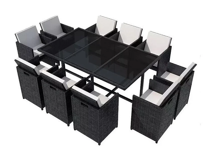 Table rectangulaire et 10 chaises de jardin résine tressée noir Iris 2