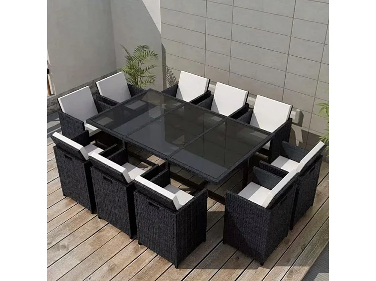 Table rectangulaire et 10 chaises de jardin résine tressée noir Iris 2