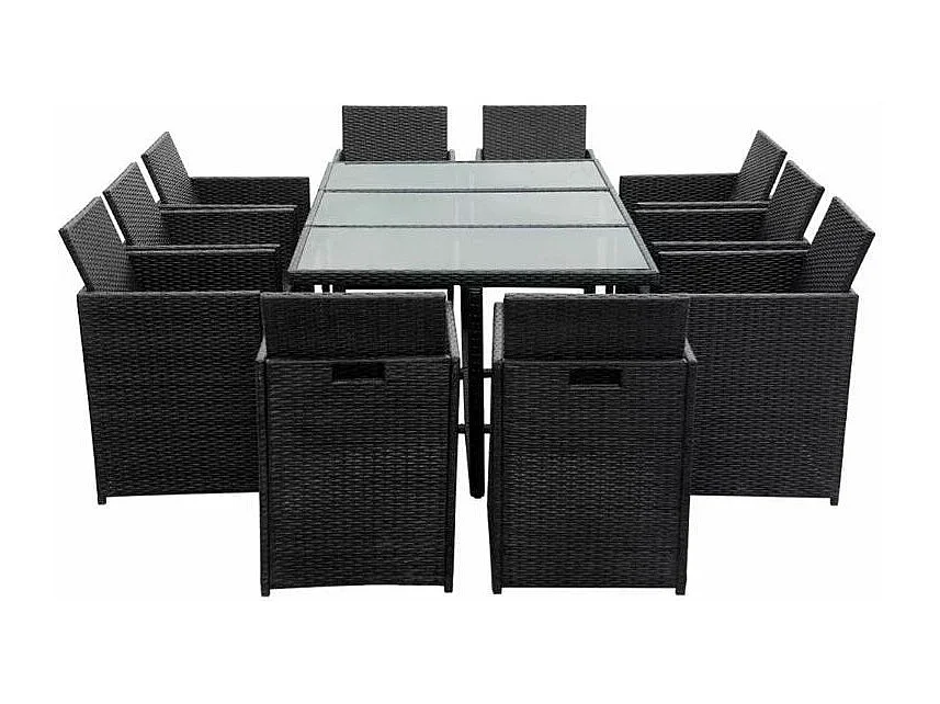 Table rectangulaire et 10 chaises de jardin résine tressée noir Iris 2