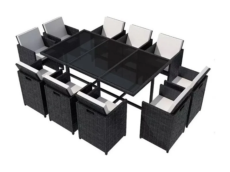 Table rectangulaire et 10 chaises de jardin résine tressée noir Iris 2