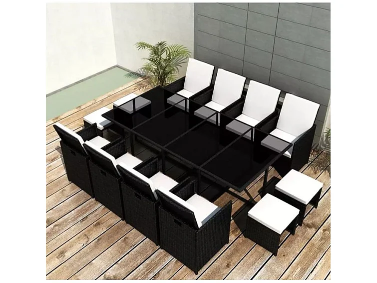 Table rectangulaire et 8 chaises de jardin résine tressée noir Iris 2