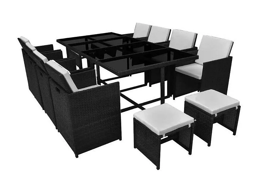 Table rectangulaire et 8 chaises de jardin résine tressée noir Iris 2