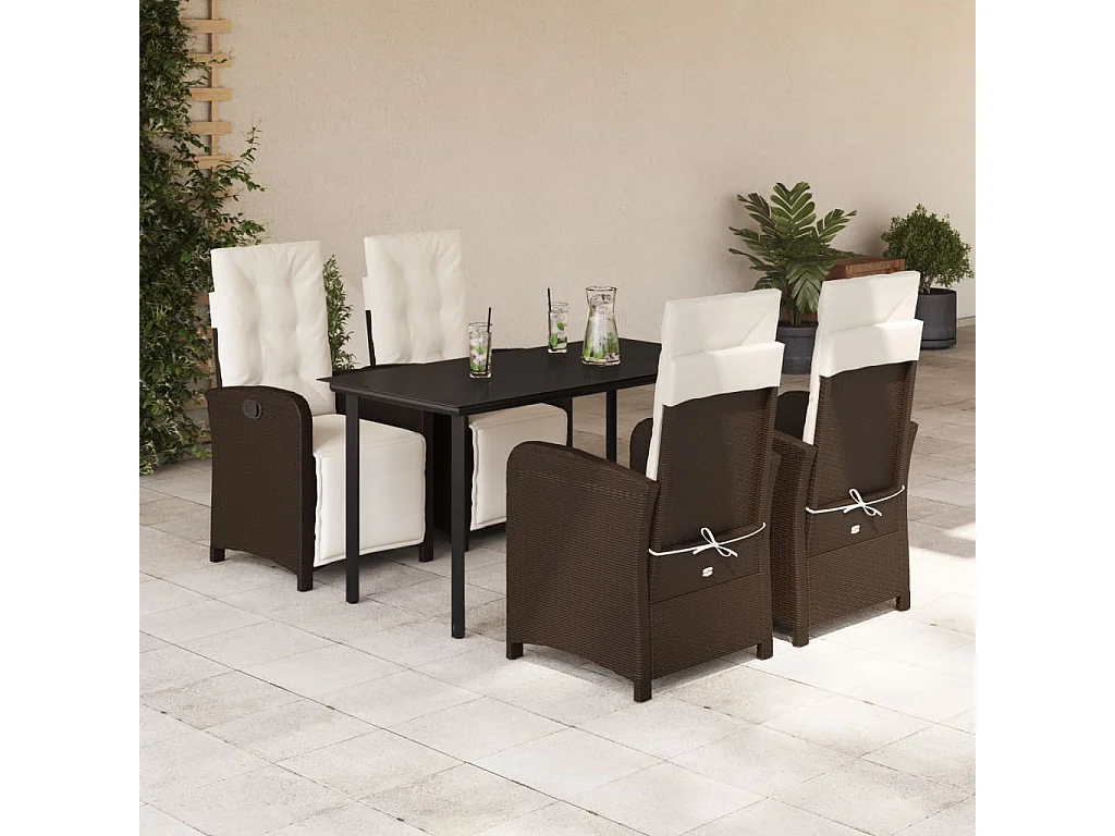 Ensemble à manger de jardin 5 pcs et coussins marron poly rotin