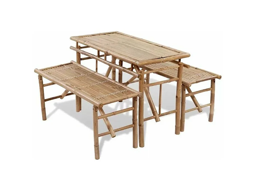 Table rectangulaire et 2 bancs de jardin bambou clair Kyca