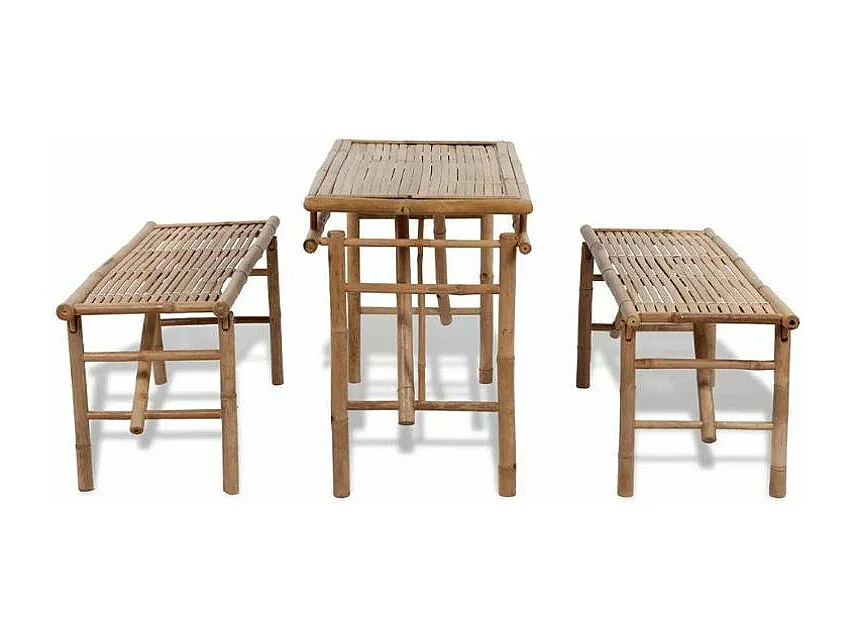 Table rectangulaire et 2 bancs de jardin bambou clair Kyca