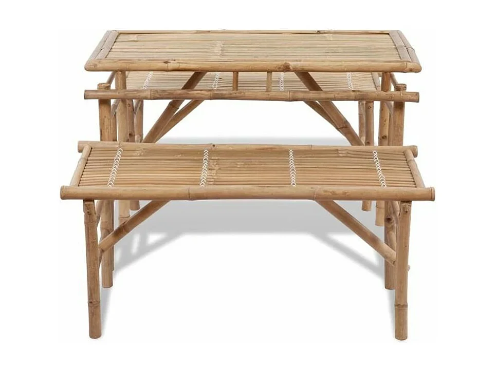Table rectangulaire et 2 bancs de jardin bambou clair Kyca