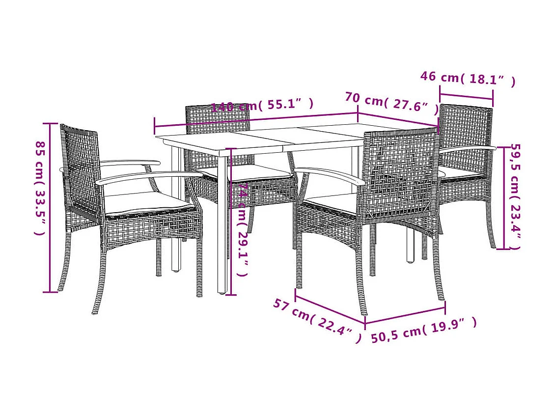Ensemble à manger de jardin 5 pcs coussins gris résine tressée