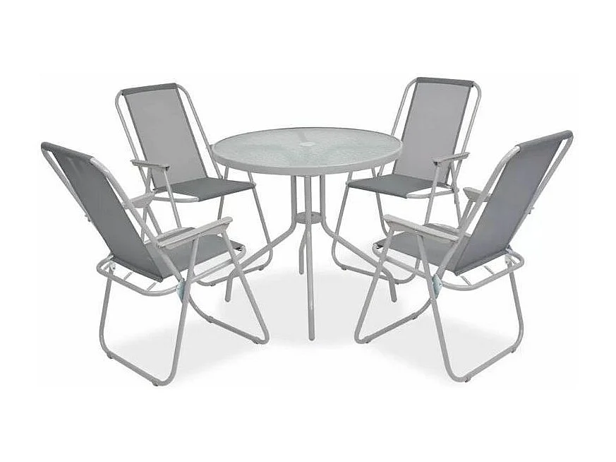 Table ronde avec parasol et 4 chaises de jardin métal gris Castle