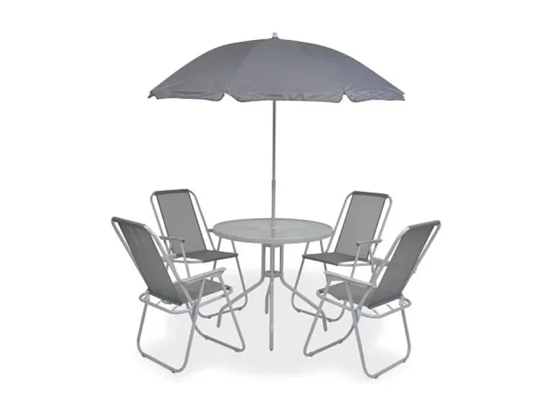 Table ronde avec parasol et 4 chaises de jardin métal gris Castle
