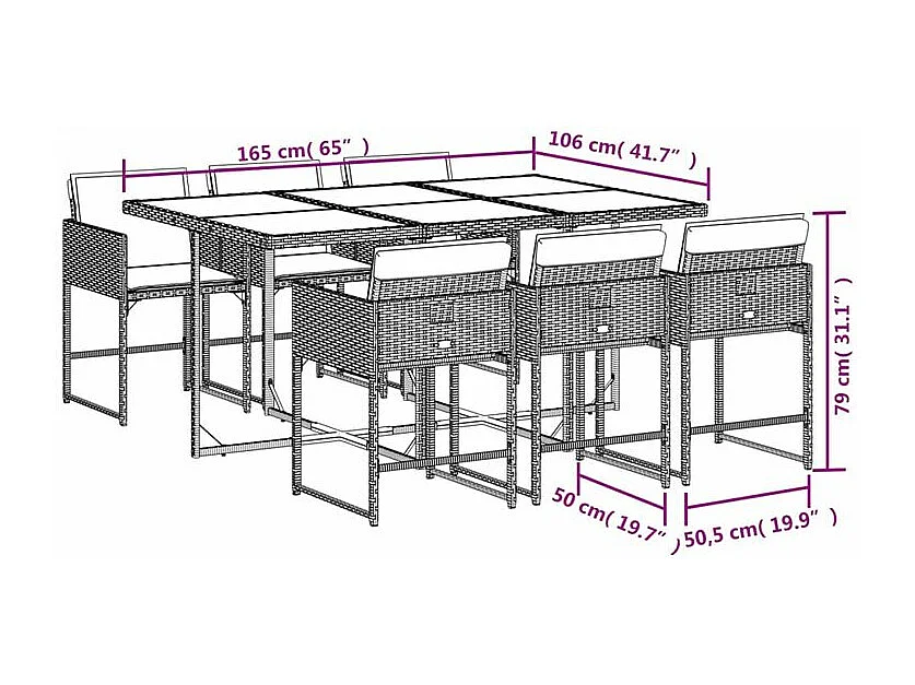 Ensemble à manger de jardin coussins 7pcs Noir Résine tressée