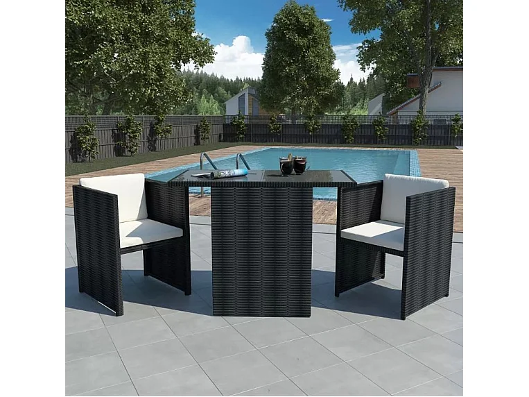 Table rectangulaire et 2 chaises de jardin résine tressée noir Boo