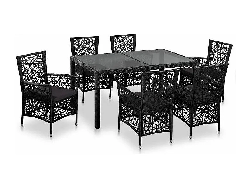 Table rectangulaire et 6 chaises de jardin résine tressée noir coussins gris Kaila
