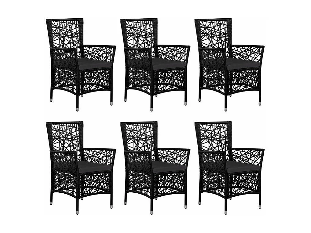 Table rectangulaire et 6 chaises de jardin résine tressée noir coussins gris Kaila