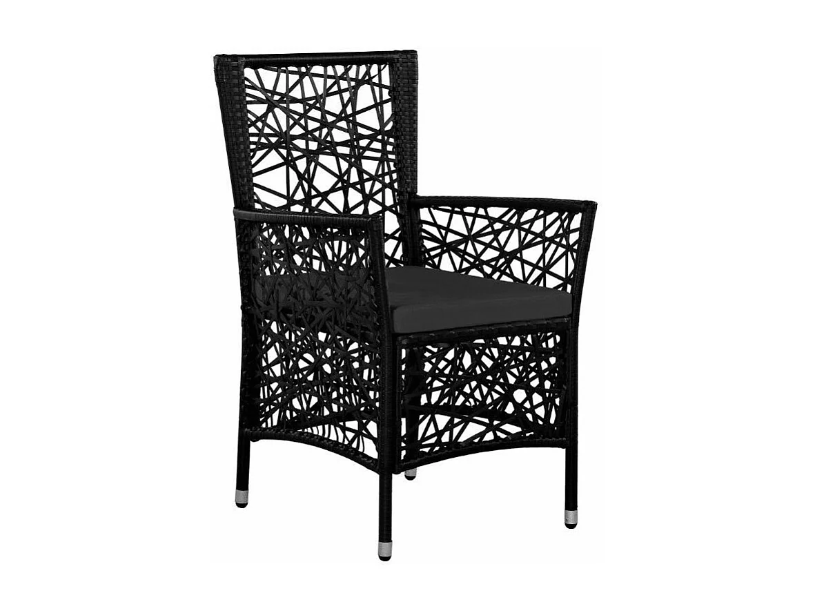 Table rectangulaire et 6 chaises de jardin résine tressée noir coussins gris Kaila