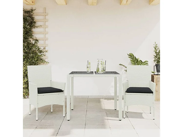 Ensemble à manger de jardin et coussins 3 pcs blanc rotin verre