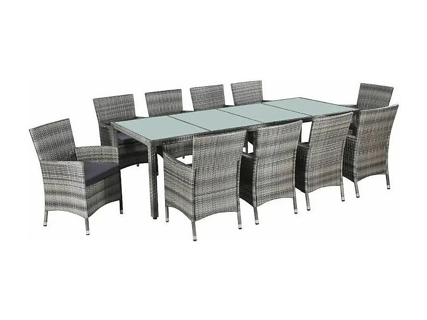 Table rectangulaire et 10 chaises de jardin résine tressée gris Mik