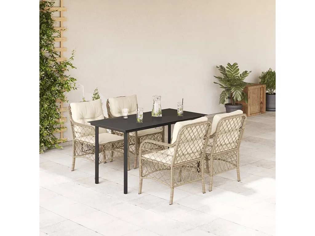 Ensemble à manger de jardin avec coussins 5pcs Beige poly rotin