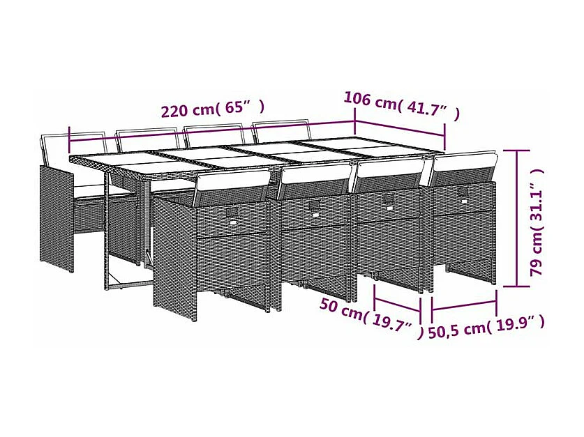 Ensemble à manger de jardin 9pcs coussins noir résine tressée