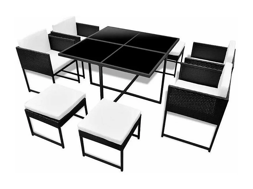 Table carrée et 4 chaises de jardin résine tressée noir coussins blanc Chaz