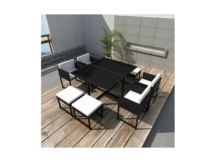 Table carrée et 4 chaises de jardin résine tressée noir coussins blanc Chaz